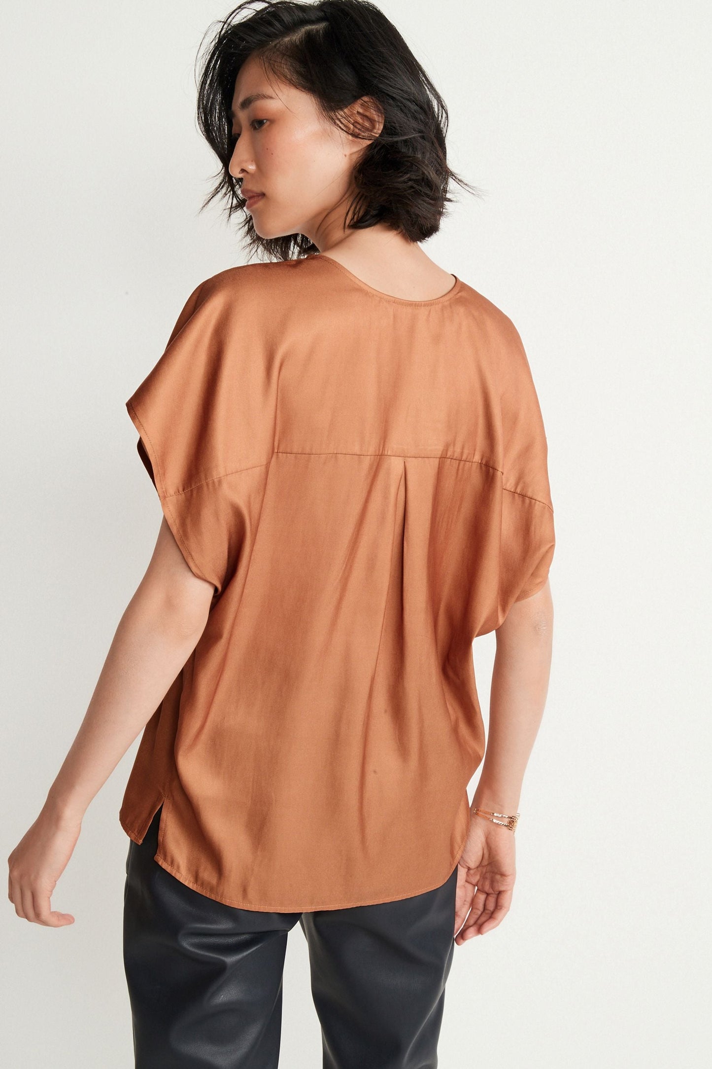 Satin V-Neck Top Camel Brown