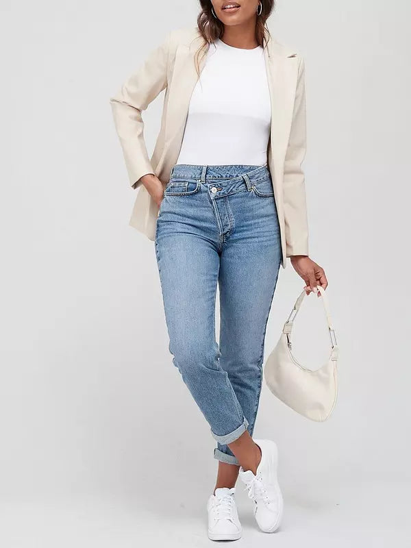 Wrap Front Mom Jean - Mid Wash