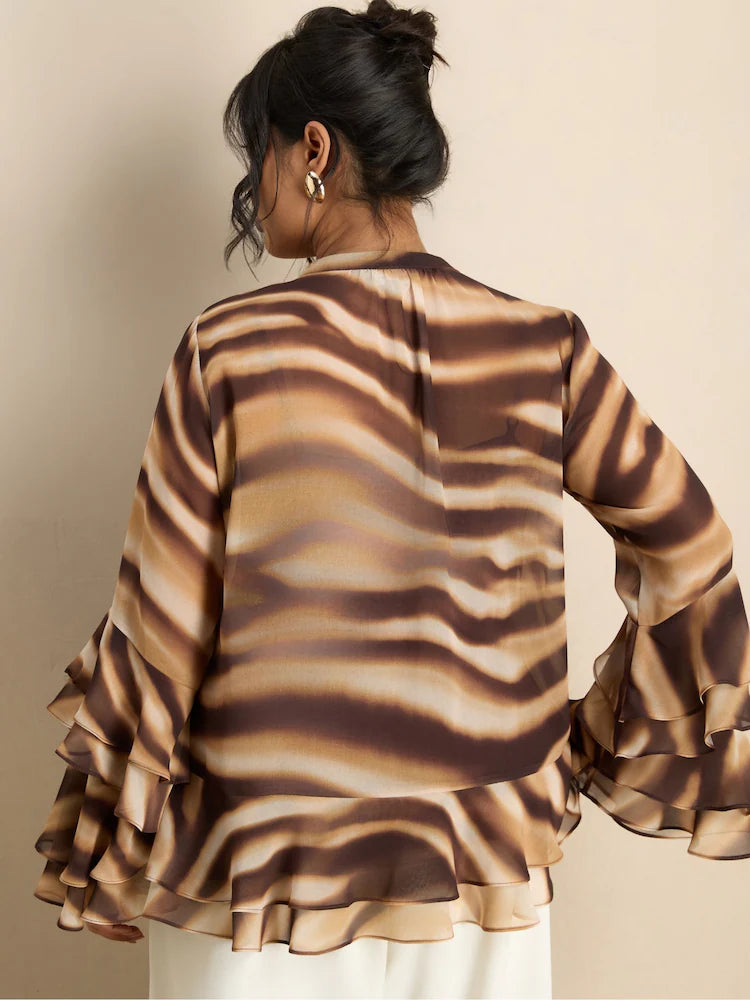 Brown Abstract Print Ruffle Blouse
