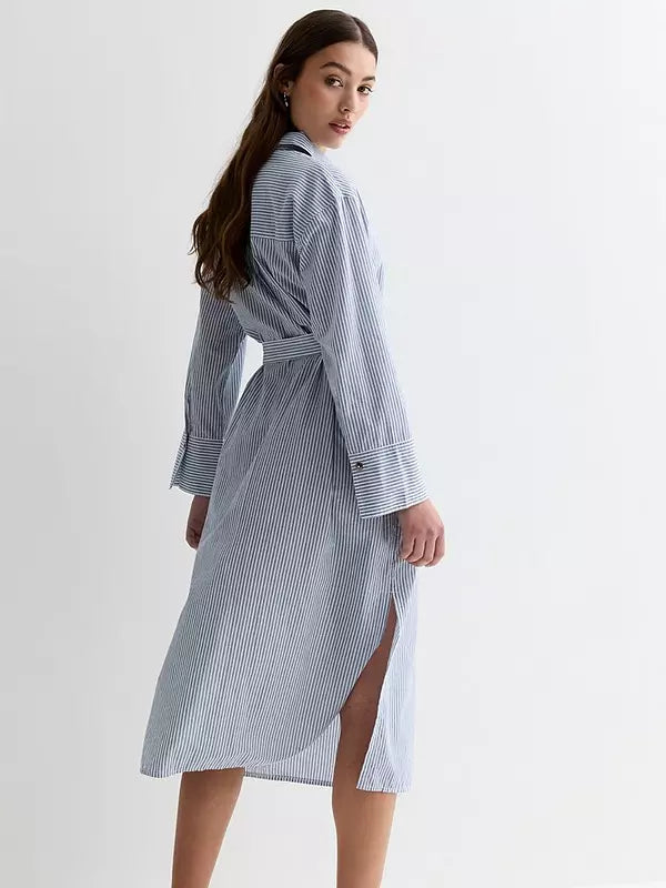 Blue Stripe Poplin Long Sleeve Belted Midi Shirt Dress
