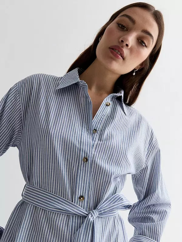 Blue Stripe Poplin Long Sleeve Belted Midi Shirt Dress