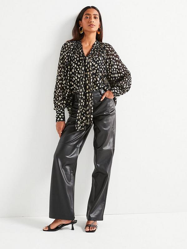 V by Very Pussy Bow Lurex Blouse - Black/Gold