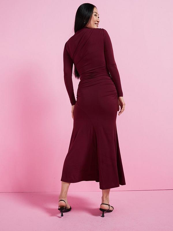 V by Very High Neck Draped Jersey Midaxi Dress - Burgundy