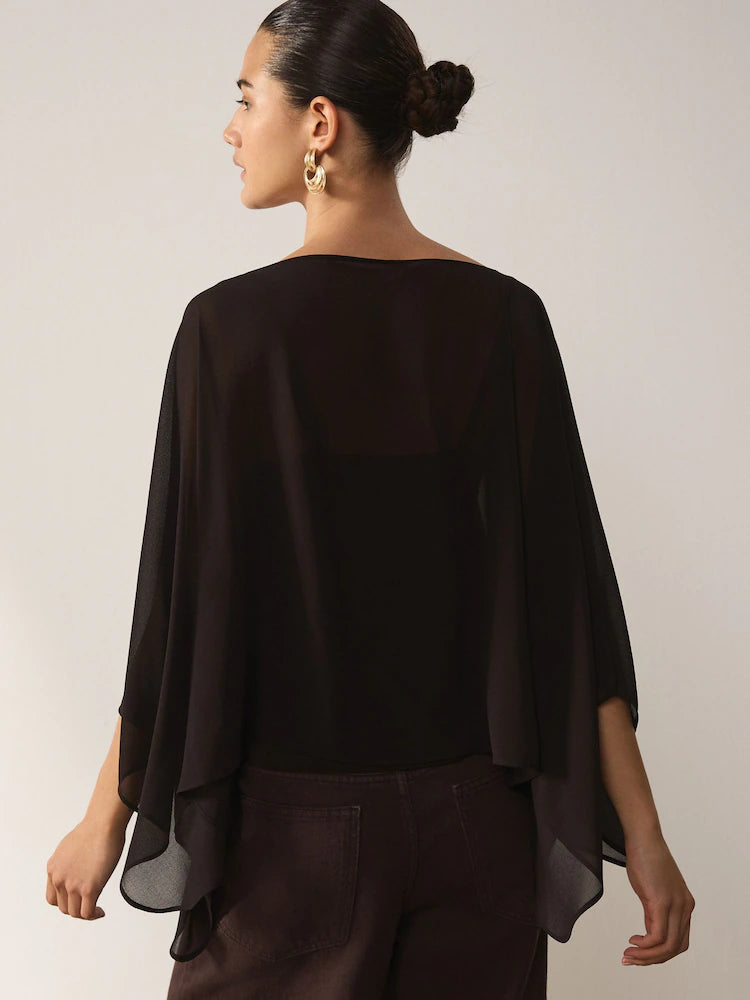 Chocolate Brown Sheer Layer Cape Sleeve Top