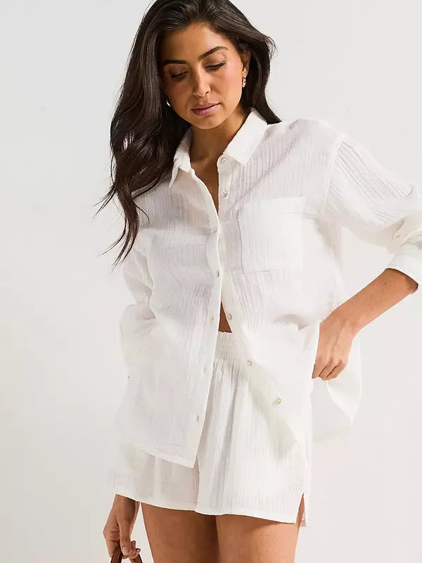 Crinkle Co Ord Beach Shirt - White