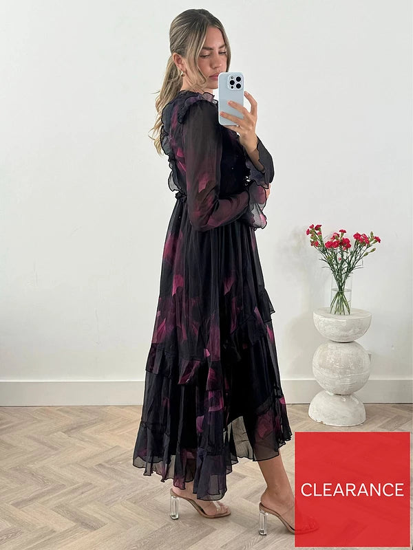 Style Cheat Floral Print Tiered Skirt Midi Dress - Black