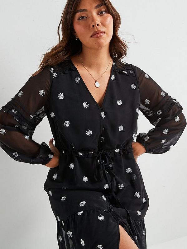 V by Very Curve Embroidered Tiered Midi Dress - Black