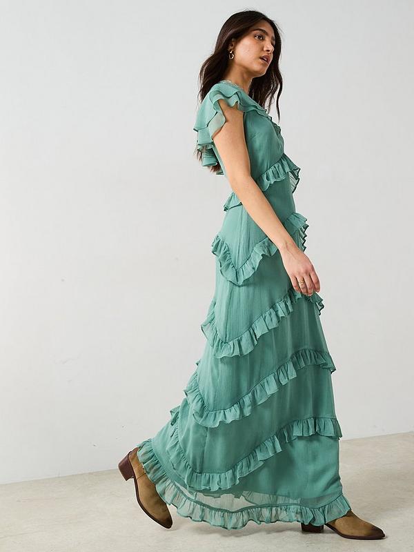 V by Very V Neck Ruffle Maxi Dress Green