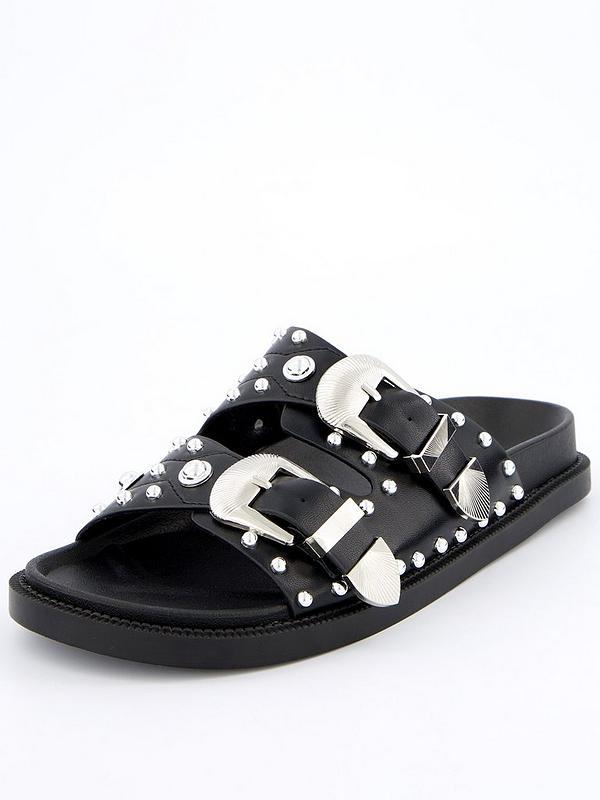 V by Very Western Double Buckle Footbed Sandals - Black
