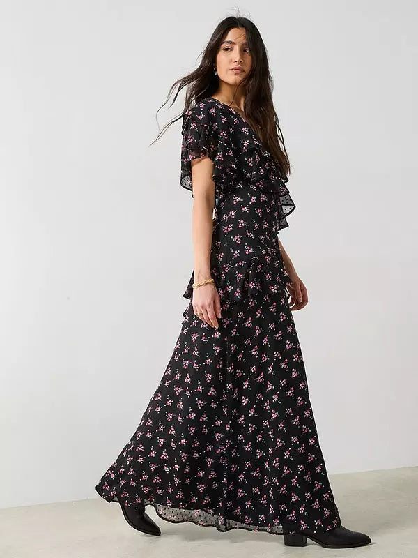 V by Very Floral Printed Ruffle Midaxi Dress - Black