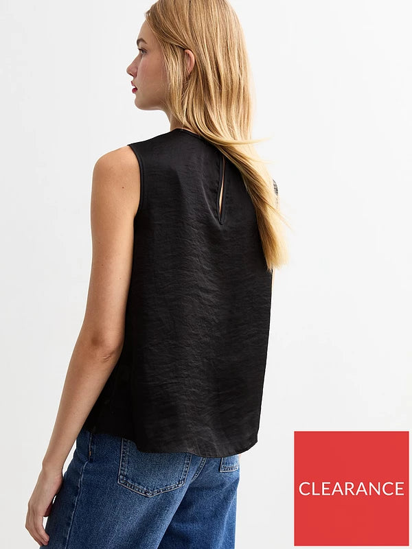 Pleated Neck Sleeveless Top - Black