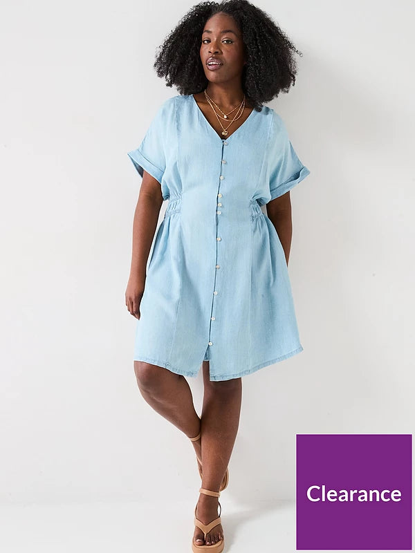 Curve Waist Detail Soft Denim Mini Dress - Blue