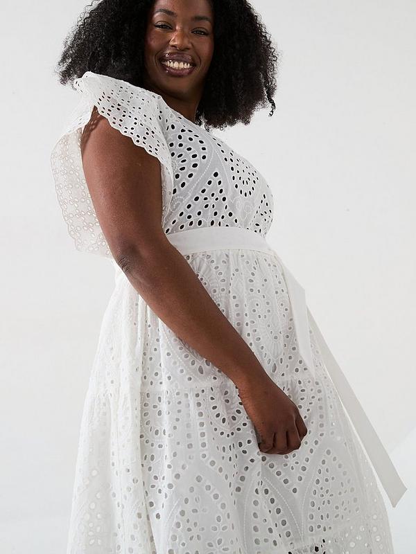 V by Very Curve Broderie Tie Waist Midi Dress - White