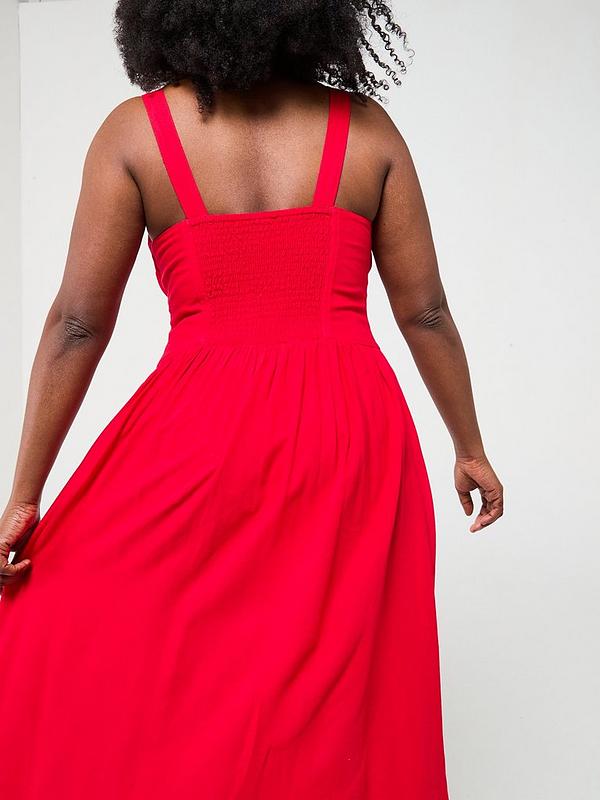 V by Very Curve Shirred Back Waisted Midaxi Dress in red.