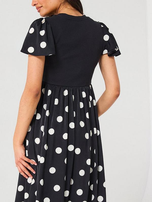 Polka Dot Woven Mix Midi Dress - Black