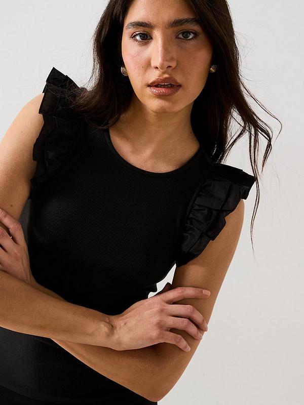 V by Very Frill Sleeve Ribbed Midaxi Dress - Black