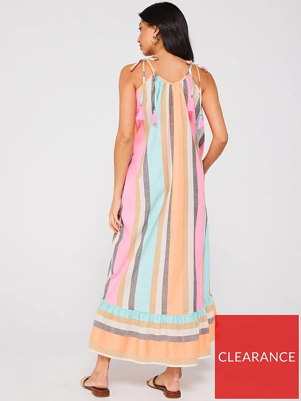 Tassel Tie Shoulder Strappy Beach Dress - Multi