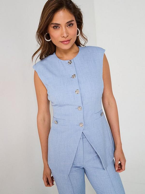Longline Textured Waistcoat and Kickflare Trouser Co-Ord Set - Blue