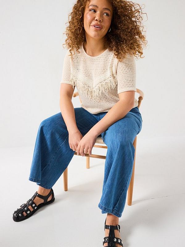 V by Very Curve Fringe Detail Crochet Short Sleeve Top - Cream