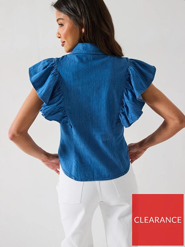 Denim Ruffle Shirt - Mid Wash