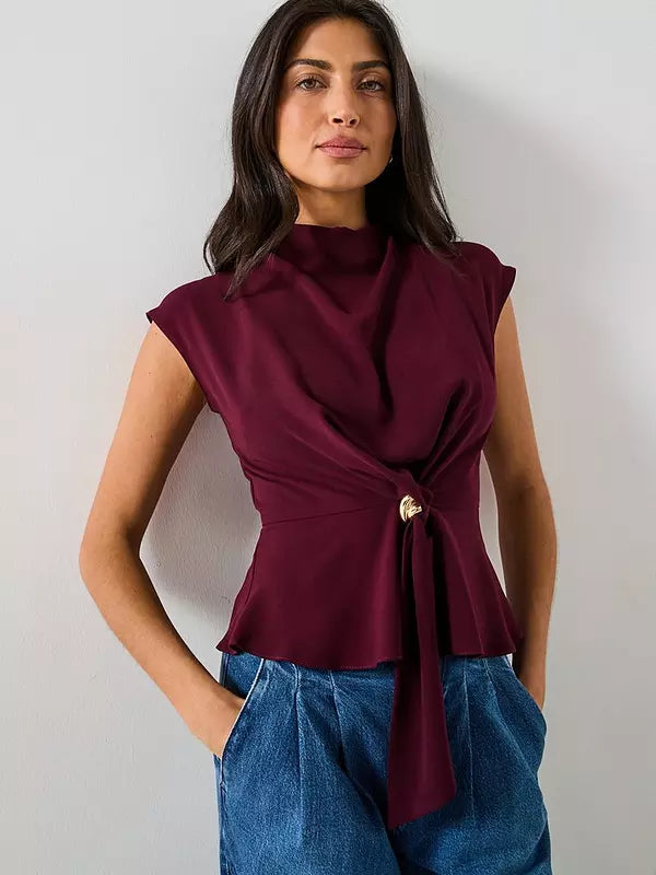 V by Very Tie Front Cap Sleeve Top - Burgundy