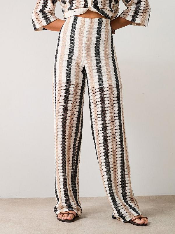 V by Very Longline Stripe Tie Waist Crochet Co-ord Shirt And Wide Leg Trouser Set - Cream/Stripe
