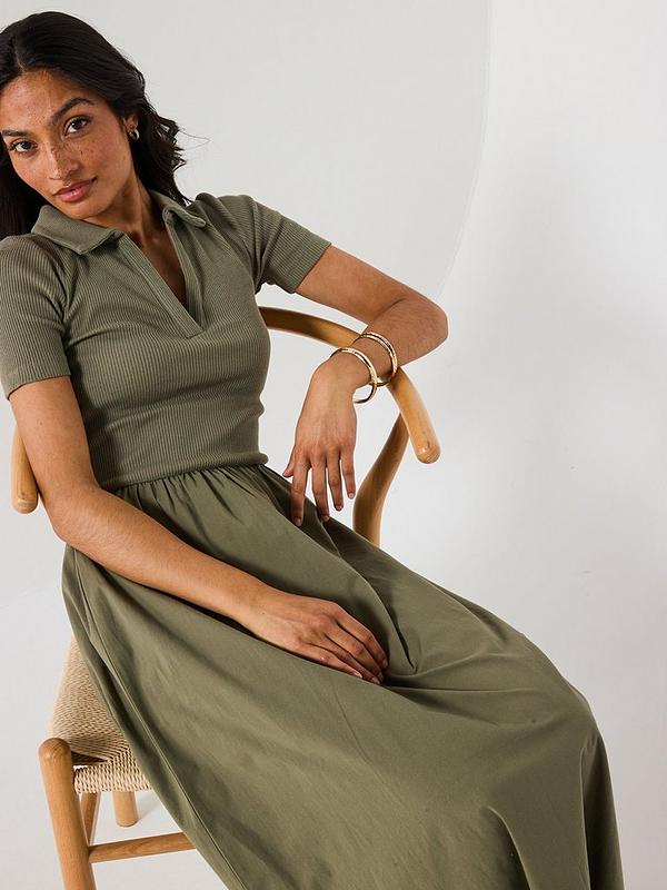 V by Very Collar Detail Woven Mix Midaxi Dress - Green