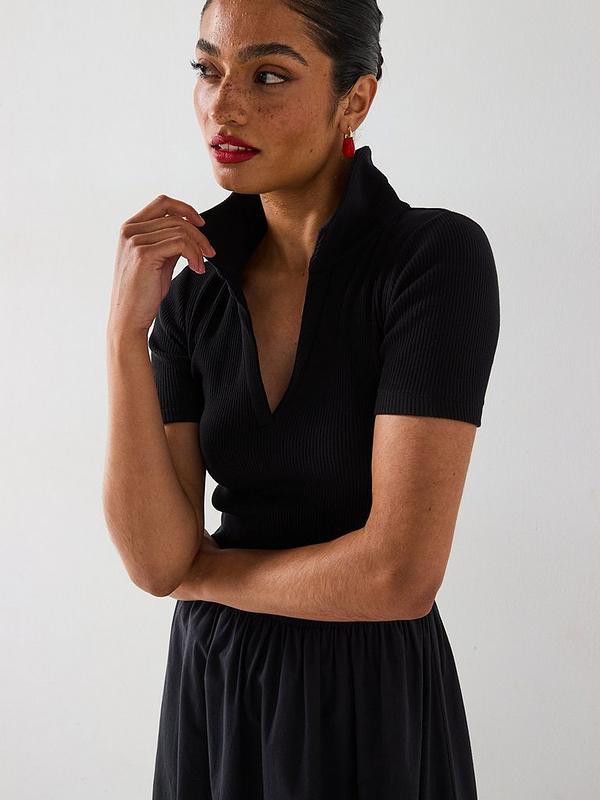 V by Very Collar Detail Woven Mix Midaxi Dress - Black