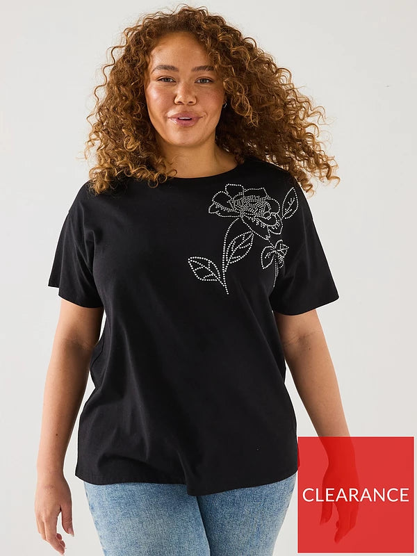 V by Very Curve Diamante Floral Motif T-Shirt - Black