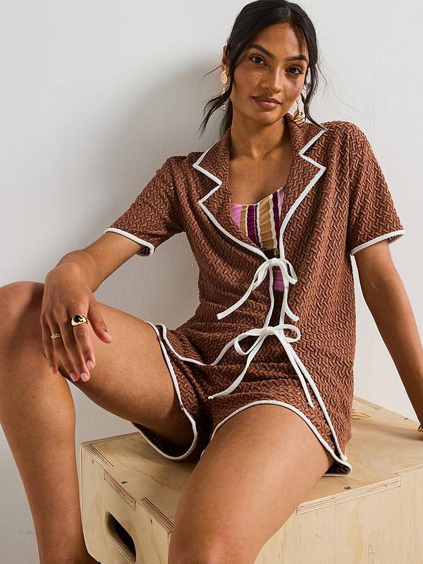 V by Very Textured Tie Front Top Contrast Trim Co-Ord - Brown