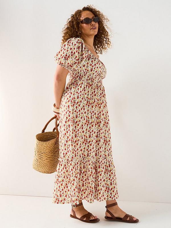 V by Very Curve Shirred Waist Ditsy Midi Dress - Print