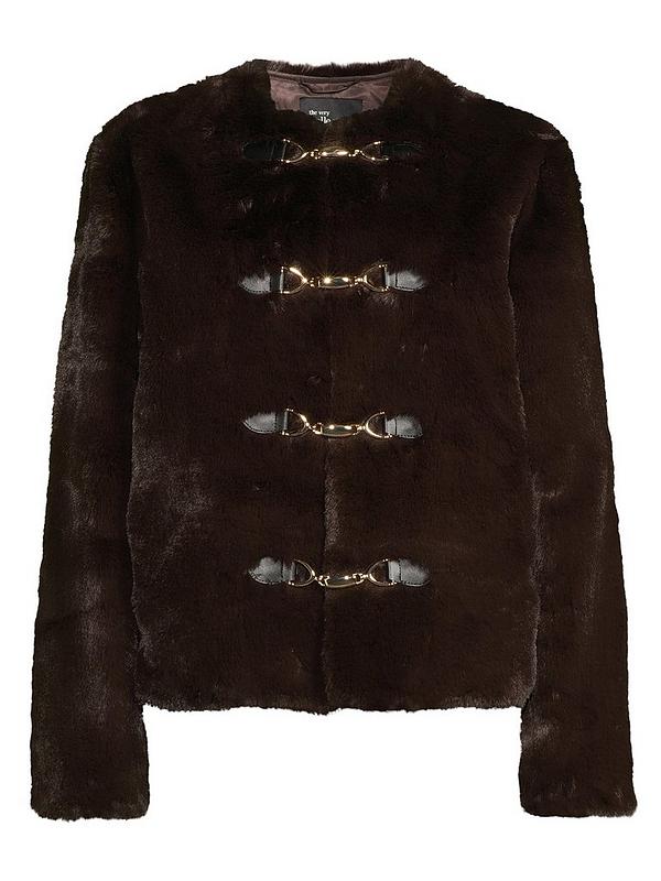 Faux Fur Collarless Jacket With Buckle Detail