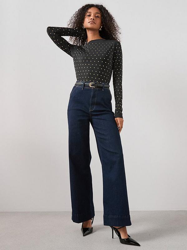 Stud Embellished Slash Neck Top Black