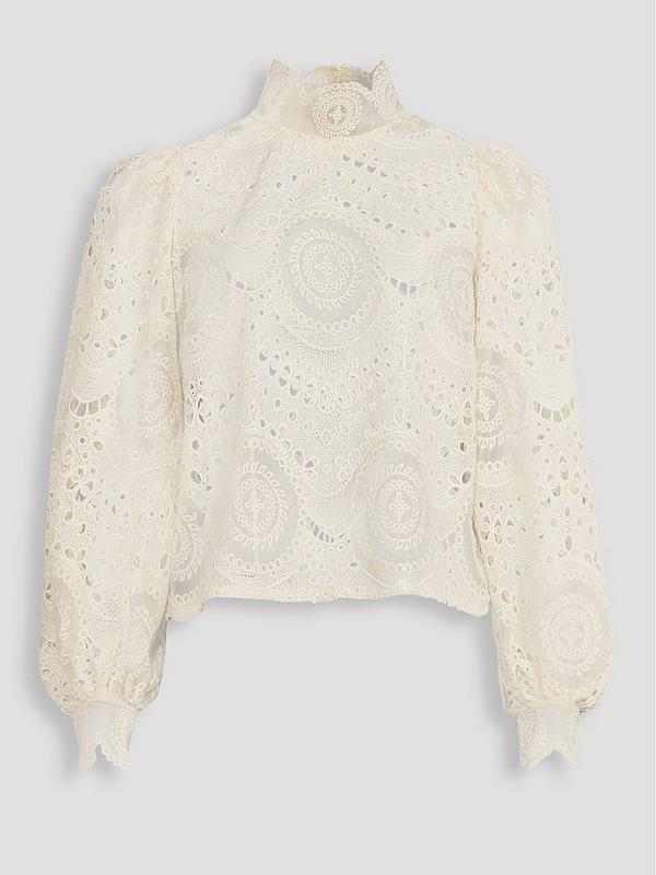 Lace High Neck Blouse- Cream