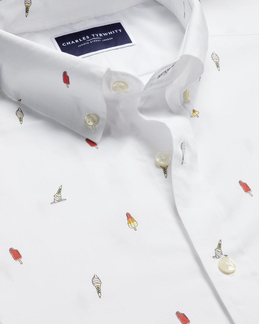 White Short Sleeve Cotton Slim Fit Shirt - Ice Cream Print