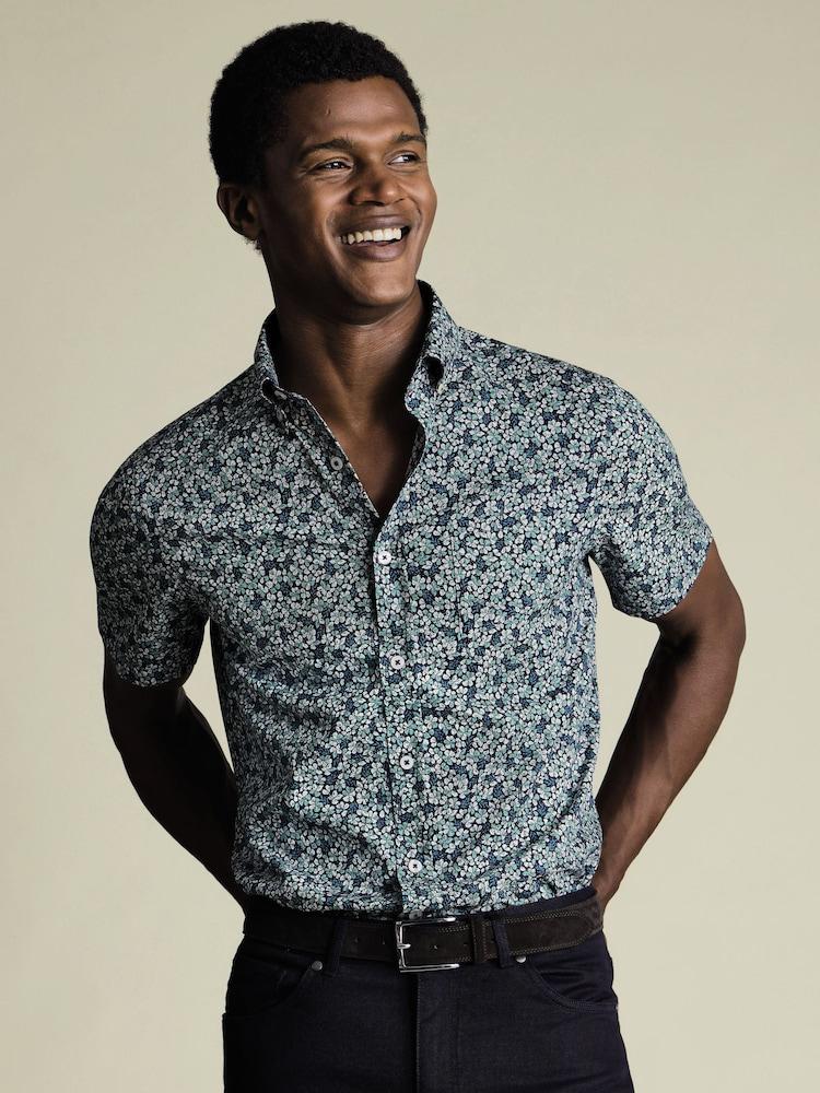 Non-Iron Short Sleeve Stretch Classic Fit Shirt - Navy Floral Print