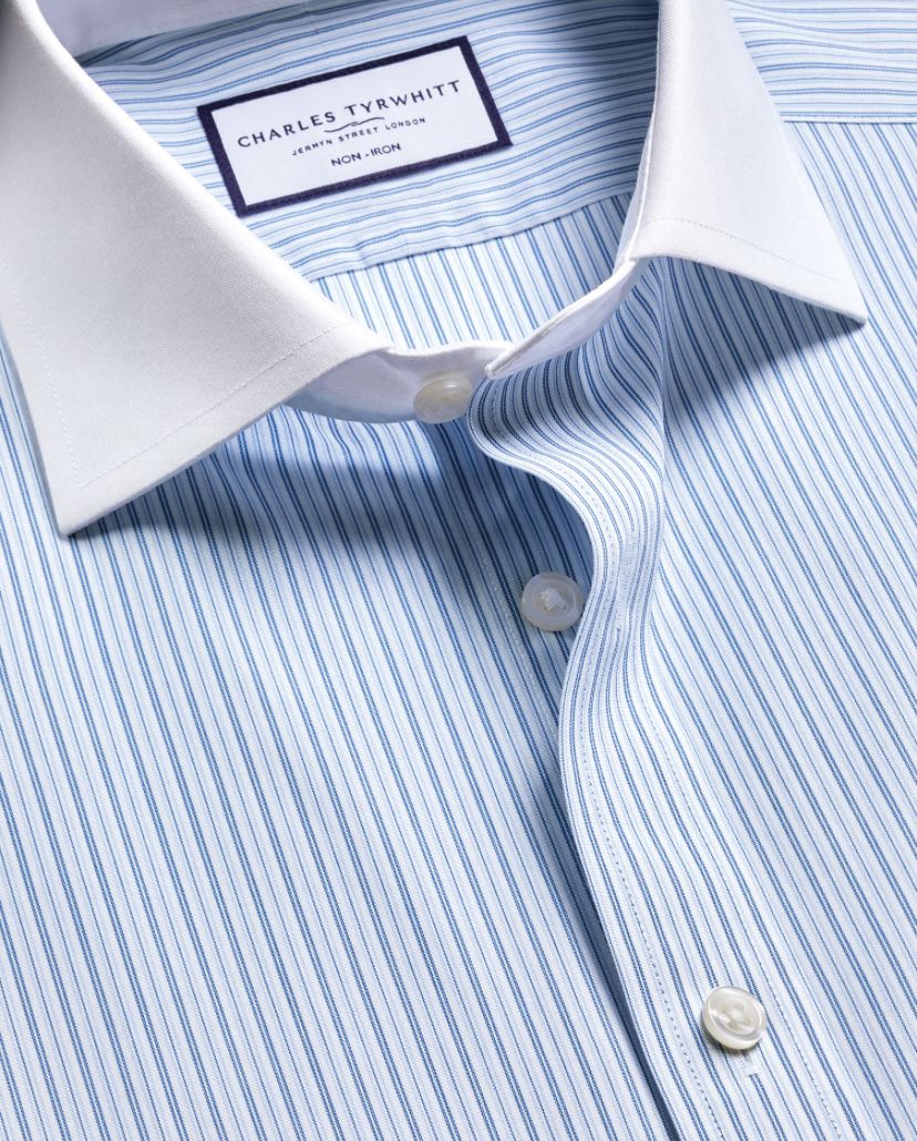 Non-Iron Stretch Poplin Stripe Winchester Slim Fit Shirt - Mid Blue