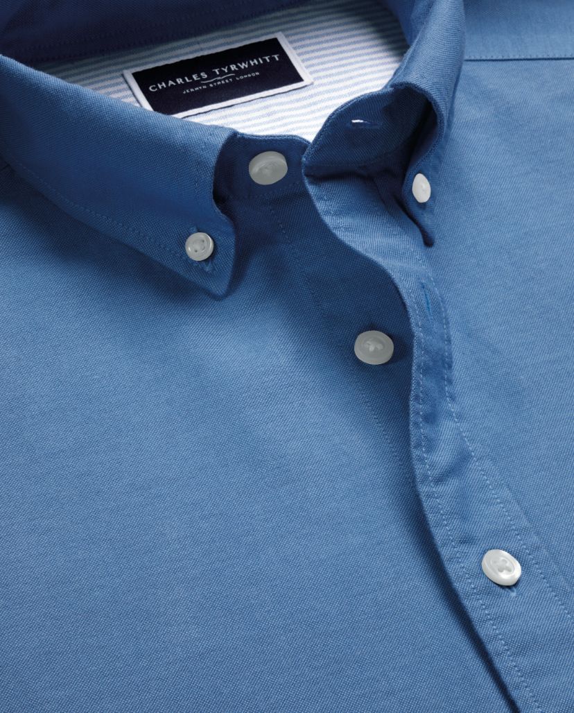 Button-Down Collar Washed Stretch Oxford Slim Fit Shirt - Blue