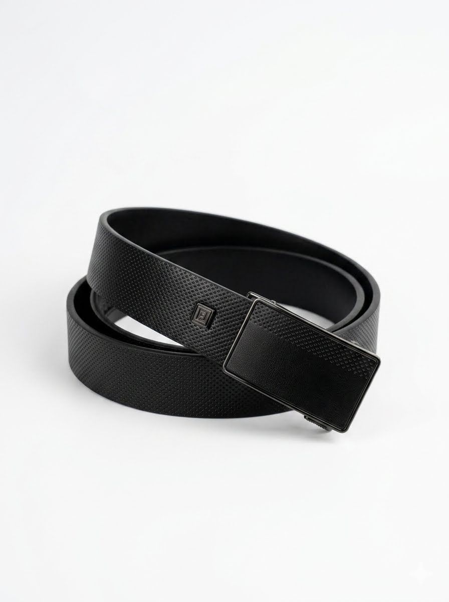 Textured Automatic Buckle Leather Belt - Black