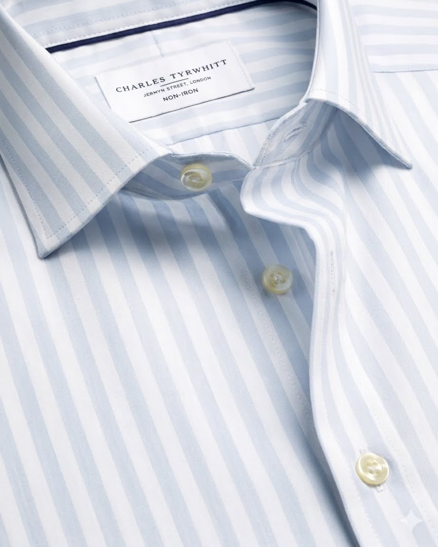 Short Sleeve Non-Iron Cotton Twill Stripe Slim Fit Shirt - Ice Blue & White
