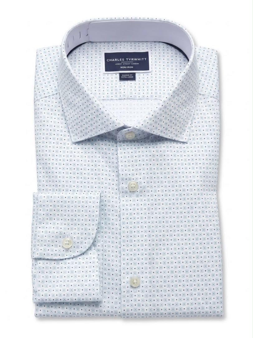 Semi-Cutaway Cotton Spot Patterned Classic Fit Shirt - White & Green