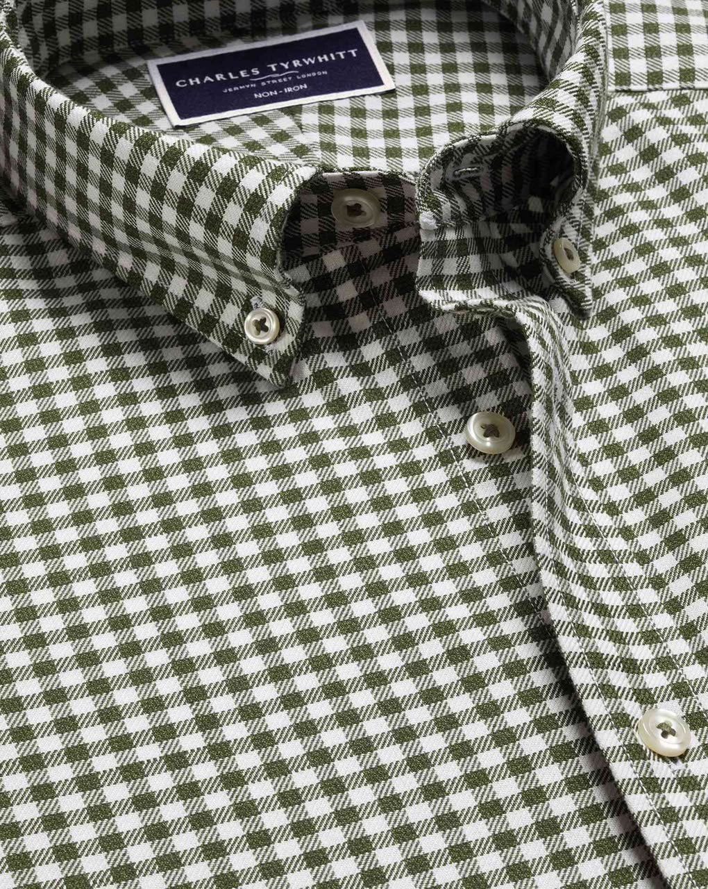 Button-Down Non-Iron Twill Gingham Check Extra Slim Fit Shirt - Olive Green