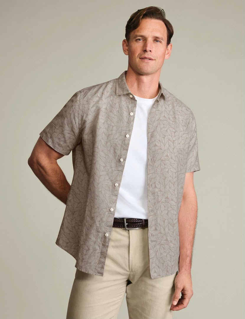 Short Sleeve Cotton Linen Blend Printed Slim Fit Shirt