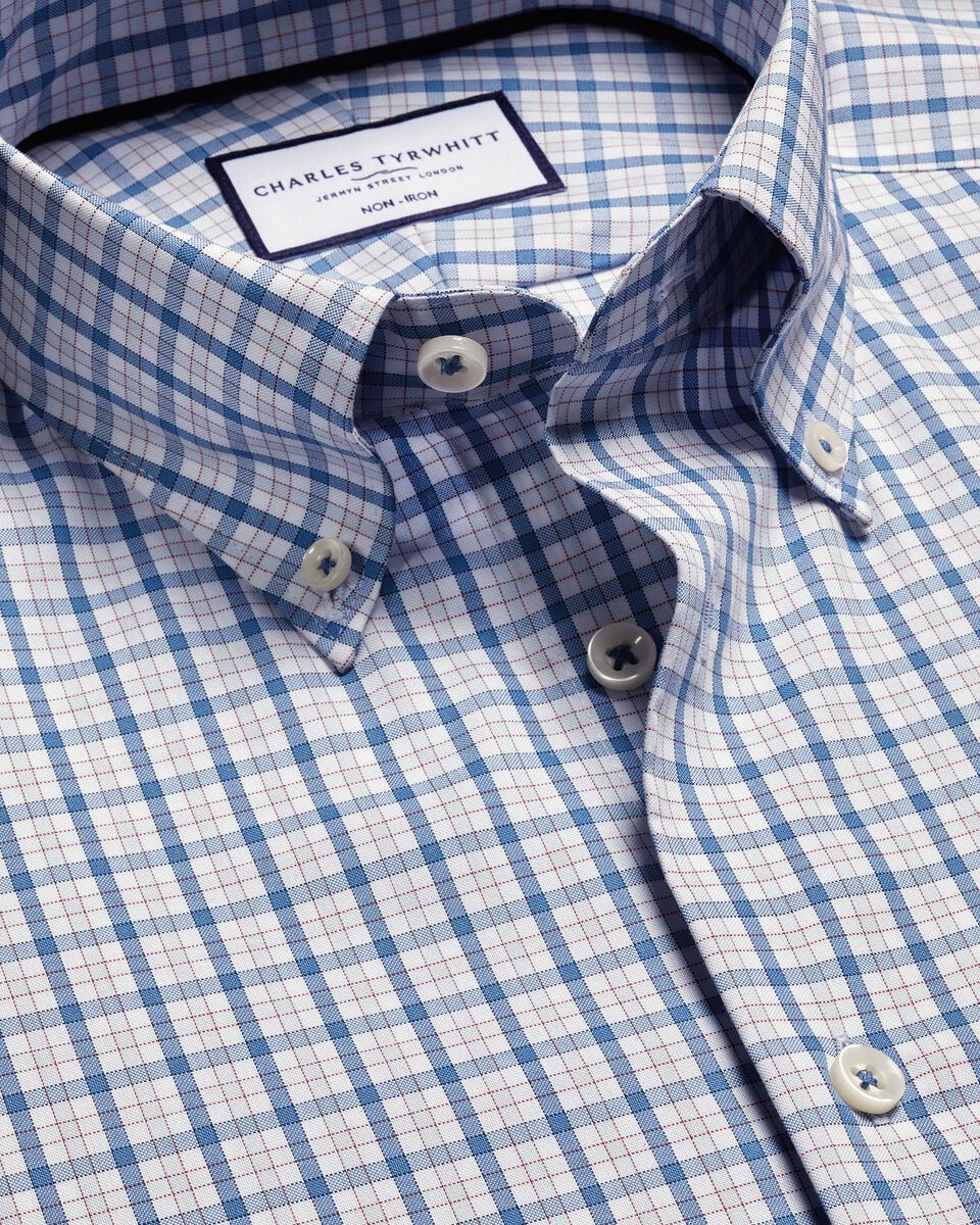 Button-Down Collar Non-Iron Stretch Pinpoint Oxford Check Slim Fit Shirt - Blue