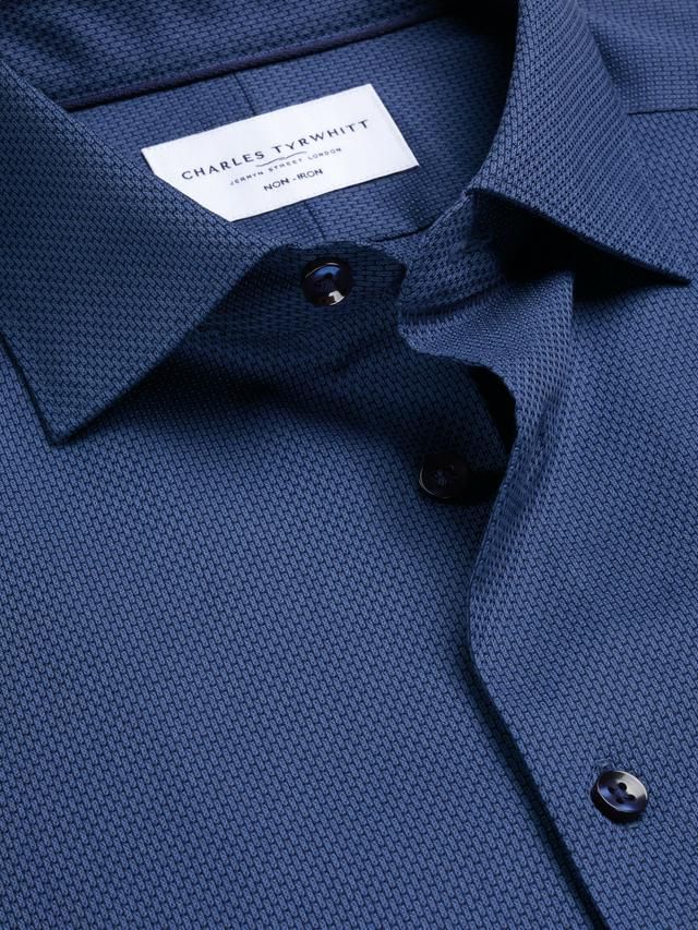 Cutaway Collar Non-Iron Dobby Cotton Texture Slim Fit Shirt - Denim Blue