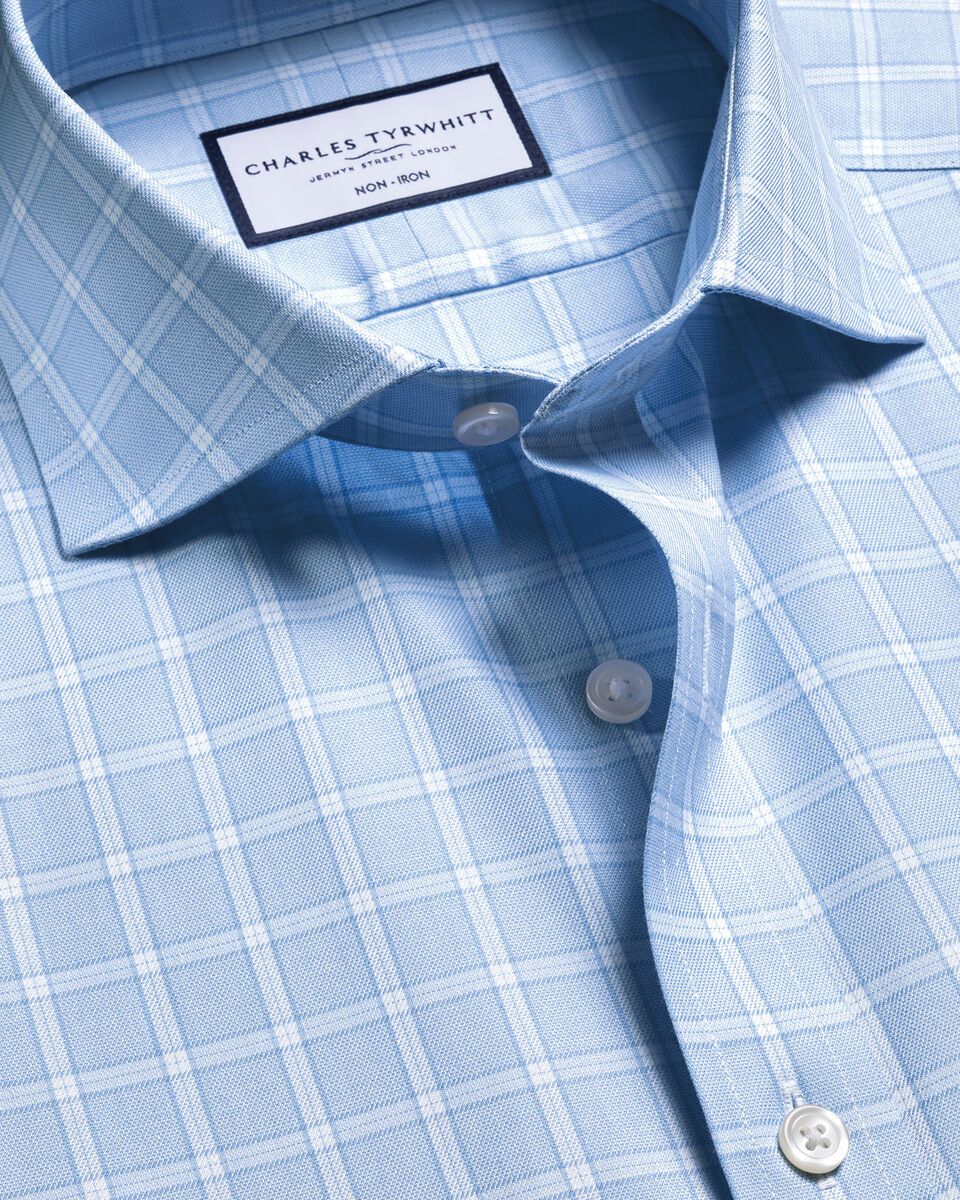 Cutaway Collar details Non-Iron Twill Check Slim Fit Shirt - Sky Blue