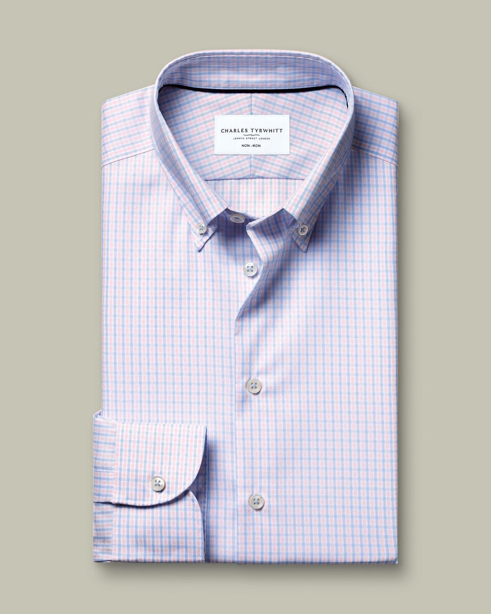 Button-Down Collar Non-Iron Stretch Pinpoint Oxford Check Slim Fit Shirt - Blue/Pink