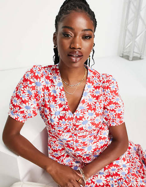 Midi Dress With Peplum Hem in Red Floral Print