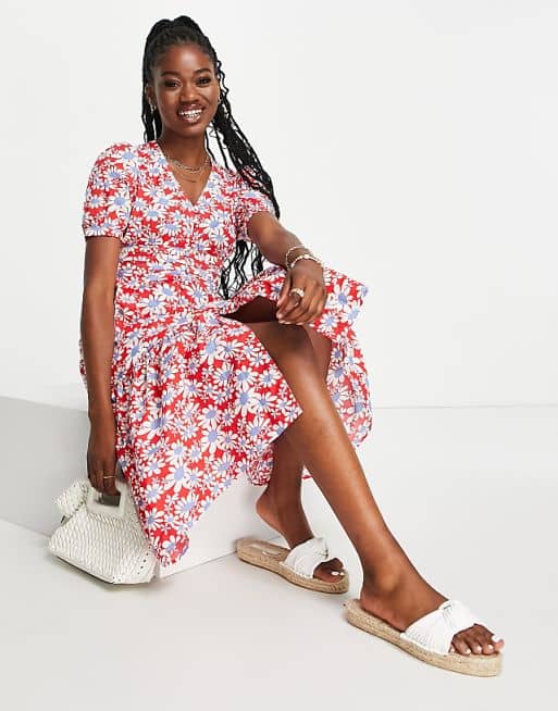 Midi Dress With Peplum Hem in Red Floral Print