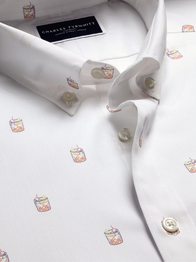 White Multi Non Iron Stretch Cocktail Print Slim Fit Shirt